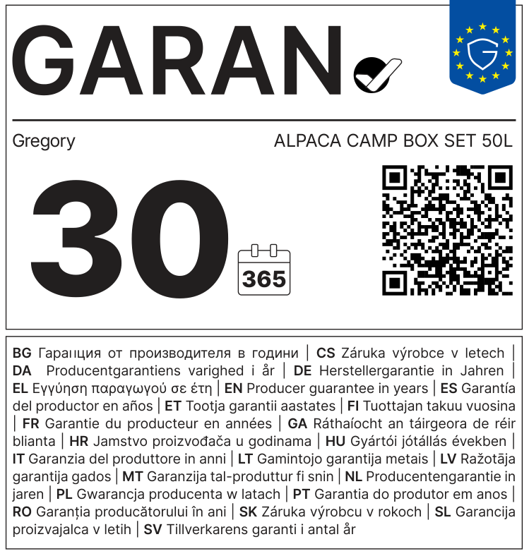 EU GARAN label: producer guarantee of durability in years: 30 – Gregory