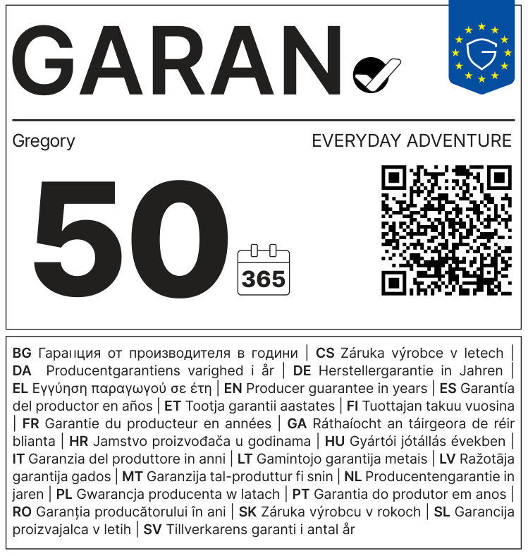 EU-GARAN-Label: Herstellergarantie in Jahren: 50 – Gregory