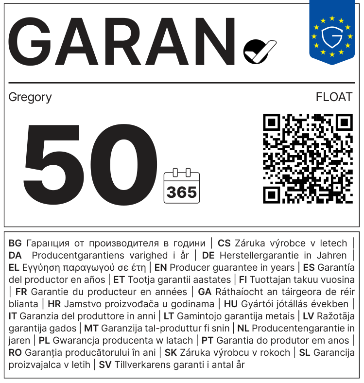 EU GARAN label: producer guarantee of durability in years: 50 – Gregory