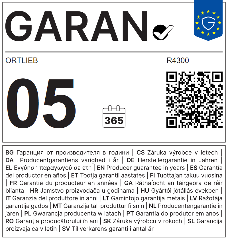 EU-GARAN-Label: Herstellergarantie in Jahren: 5 – Ortlieb